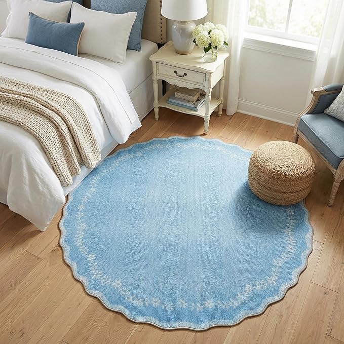 GarveeHome Round Area Rugs 5ft for Bedroom, Solid Blue Washable Circle Rug Soft Non Slip Floral Print Floor Mat Carpet Indoor Thin Rug for Kids Room Dining Room Playroom Nursery