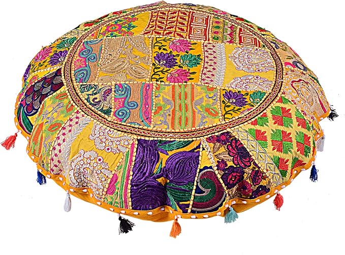 Rajasthani Handmade Colorful Decorative Floor Pillow Cover Meditation Patchwork Patchwork Cushion Seating Accent Boho Chic Indian Handmade Cover ONLY (Yellow, 32X32 Inches)