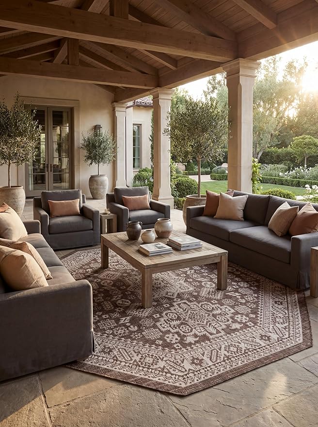 Rugs.com Outdoor Aztec Collection Rug – 8 Ft Octagon Brown Flatweave Rug Perfect for Living Rooms, Kitchens, Entryways