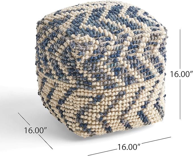 GDFStudio Boho Wool and Cotton LargePouf Ottoman Foot Stool - Bean Bag Floor Chair - Foot Rest Couch for Living Room Bedroom, White and Blue
