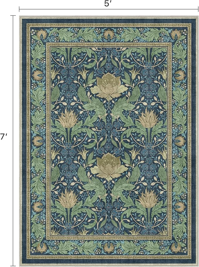 Bavni 5x7 Area Rugs for Living Room, Microfiber Machine Washable Non-Slip Vintage Floral Rug, Low Pile Lightweight Carpet for Bedroom, Dining Room, Home Office, Navy Blue & Sage Green