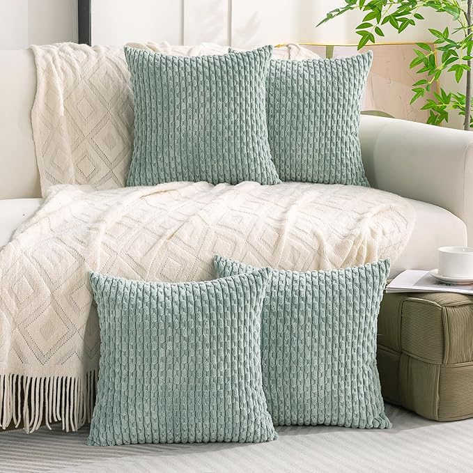 Set of 4 Aqua Decorative Throw Pillow Covers 20x20 Inch Corduroy Pillow Covers for Bed Couch Sofa Living Room Soft Square Cushion Cases
