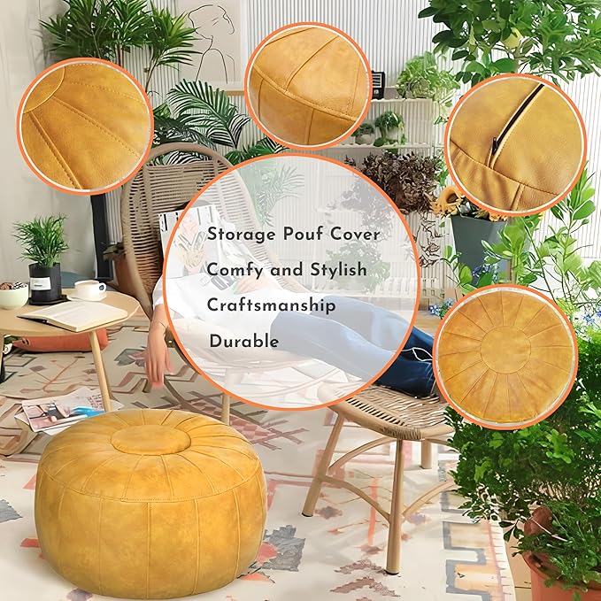Thgonwid Unstuffed Moroccan Storage Pouf Foot Stool Ottoman Seat Handmade Faux Leather Bean Bag Floor Chair Foot Rest for Living Room, Bedroom or Balcony (Yellow)