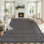 GarveeHome Washable 9x12 Area Rug for Living Room Scalloped Solid Black Rug Non Slip Soft Bedroom Rugs Low Pile Foldable Large Area Rug Stain Resistant Carpet for Nursery Dining Room Classroom, Black