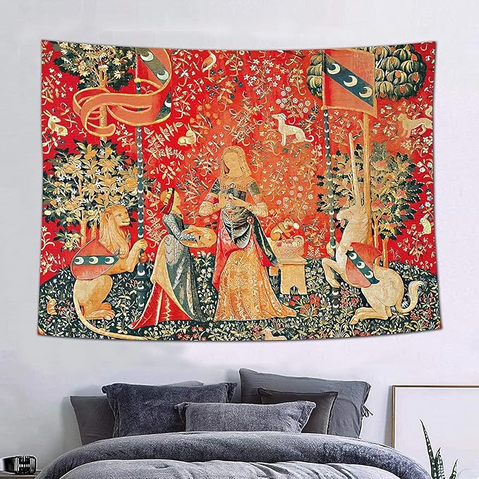 FEASRT Medieval Maiden Tapestry, 60x40 Inches Soft Flannelette, Lady and Unicorn for Living Room Bedroom Dorm