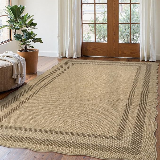 LIVEBOX Scalloped Washable 5x7 Rug, Easy Jute Tan Rugs for Living Room, Indoor Geometric Rug for Bedroom, Outdoor Farmhouse Non-Slip Rug Dining Room Mat Modern Carpet Area Rug for Patio Home Office