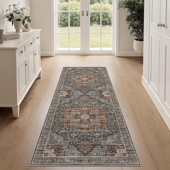 Washable Runner Rug 2x6 Runners for Hallways, Ultra-Thin Carpet Runners for Entryway Anti Slip Backing Runner Rugs for Kitchen Laundry Room Indoor Hallway (Grey/Brown/Tan)