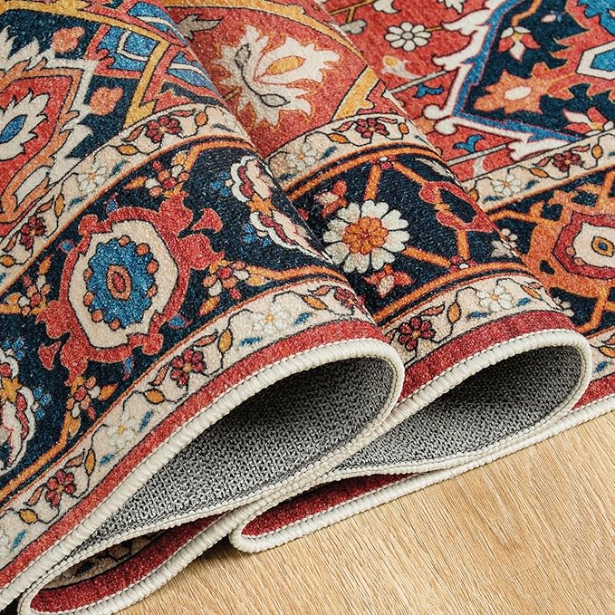 Amearea Vintage Design Orange Area Rugs for Living Room, 4x6 Machine Washable Floral Collection Traditional Bedroom Rug, Low Pile Dinning Room Carpet, No Slip Office Kitchen Home Decor, Orange