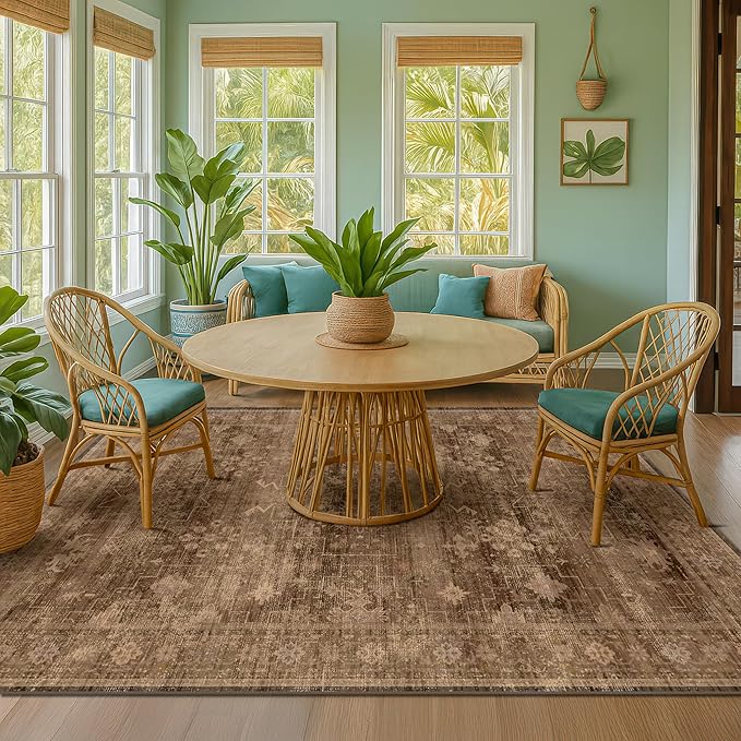 Boho Taupe Brown 5x7 Living Room Rug - Modern Vintage Traditional Oriental Neutral, Washable Low Pile Non-Slip Large Area Rugs for Nursery Dining Under Table