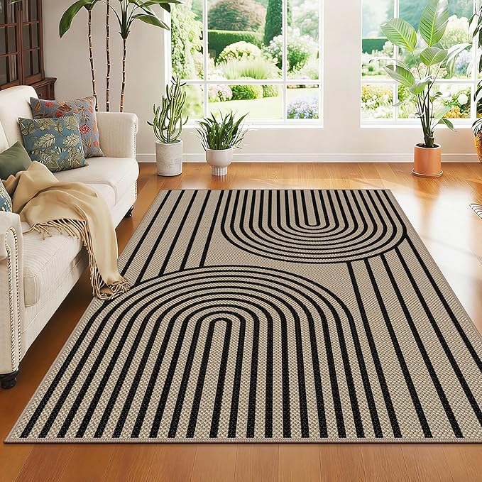 Outdoor Rug 4x6, Easy Jute Rug Non-Slip Indoor Outdoor Carpet, Washable Floor Mat Modern Black Striped Area Rug for Living Room, Bedroom, Patio, Dining Room, Office Area, Black