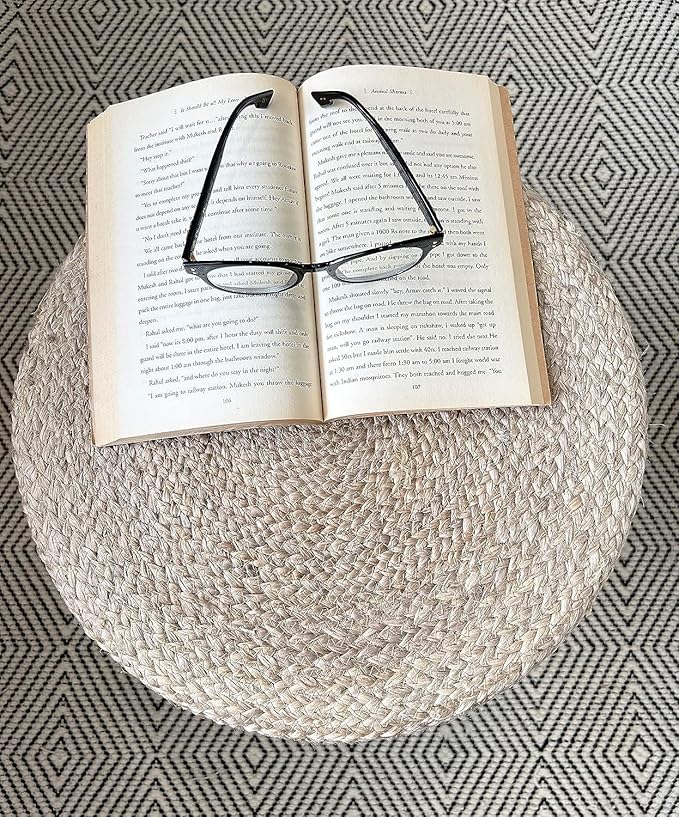 Jute Pouf Ottoman | Footrest Pouf | Hand Braided - Round Boho Pouffe - for Living Room, Bedroom, Nursery (20"x20"x10") Natural