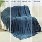 Blagic Blue Throw Blanket for Couch Soft Farmhouse Chenille Boho Throw Blanket with Tassels Home Decorative Lightweight Throw Blankets, Throws for Bed/Chair/Sofa, Stripe Textured (Dark Blue,50"x60")