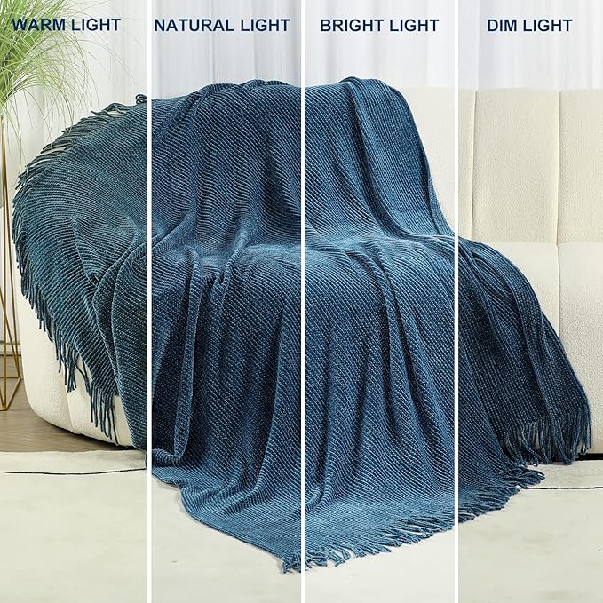 Blagic Blue Throw Blanket for Couch Soft Farmhouse Chenille Boho Throw Blanket with Tassels Home Decorative Lightweight Throw Blankets, Throws for Bed/Chair/Sofa, Stripe Textured (Dark Blue,50"x60")