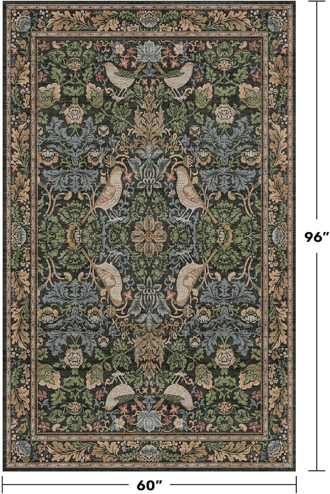 Boho Living Room Rug 5x8 - Dark Green Rugs 5x8 for Bedroom, Dining Room, Office with Vintage Forest Farmhouse Botanical & Bird Design, Non Slip Stain Resistant Low Pile - Brown
