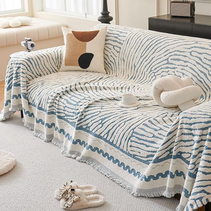 ROOMLIFE Thicked Striped Couch Cover with Tassel Blue Chenille Sofa Cover Blanket for Sectional Sofa, Soft Sofa Slipcovers for L Shaped Love Seat 2-3 Cushion Couch Anti Slip Sofa Protector, 71"x134"