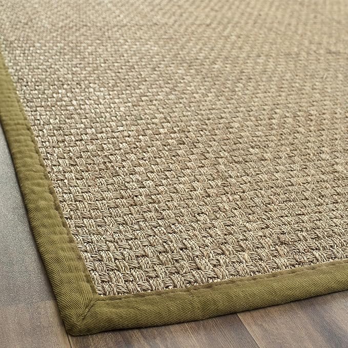 SAFAVIEH Area Rug 2x3 - Natural Fiber Collection - Natural & Olive Green, Seagrass, Basketweave Pattern with Border (NF114G)
