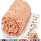 Bazaar Anatolia Turkish Beach Towel 100% Cotton Bath Towels 71x39 Quick Dry Sand Free Lightweight Large Oversized Herringbone Orange