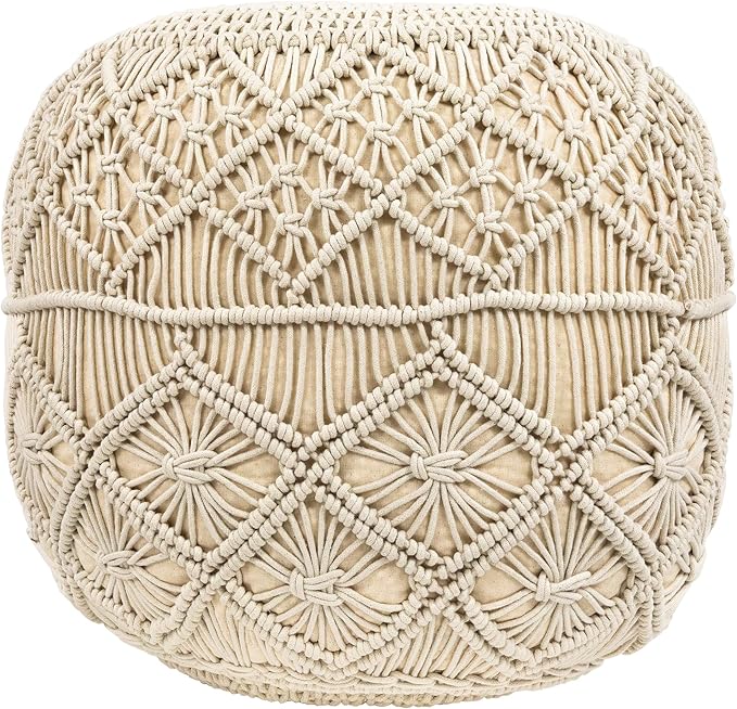 Northlight 18" Solid Cream Macrame Round Handmade Cotton Pouf Ottoman