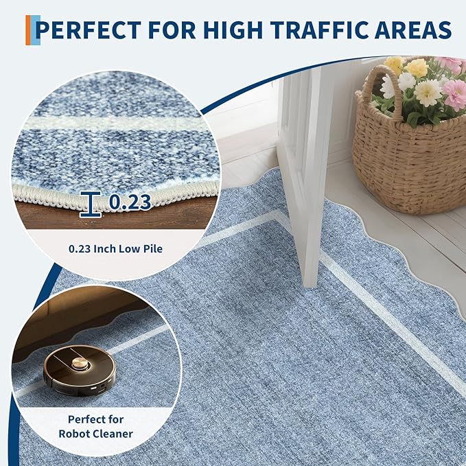 GarveeHome Scalloped Washable Rugs 5x7 Rug for Living Room Modern Non Slip Large Area Rug for Bedroom Decor Farmhouse Low Pile Stain Resistant Carpet for Office Dining Room Classroom 5 ft x7 ft Blue