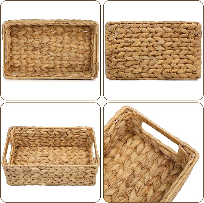 4 Small 3.6 QT Water Hyacinth Wicker Baskets for Shelves, 10" Long Woven Pantry Organizers and Storage Basket, Decorative Ratten Shallow Rectangle Baskets for Organizing Countertop Bathroom