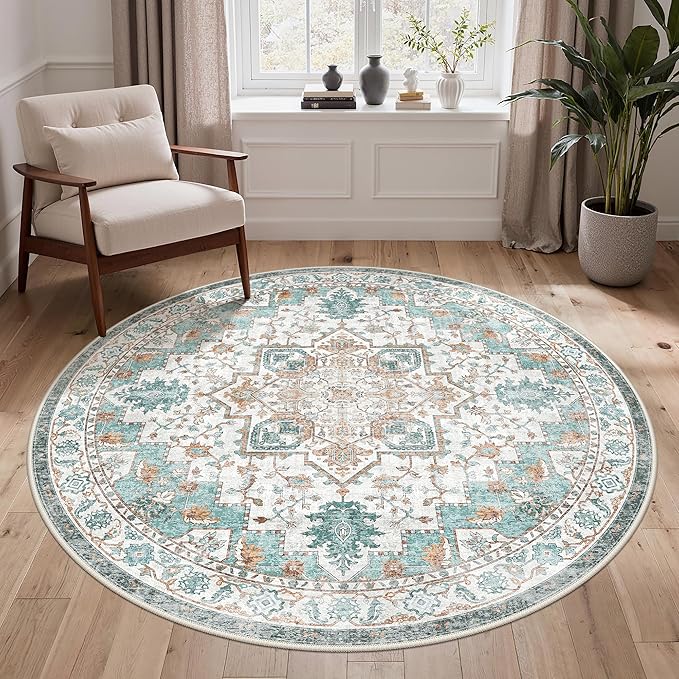 GENIMO 5FT Round Area Rugs for Living Room, Circle Rugs Machine Washable Low Pile, Chenille Non Slip Vintage Rug for Bedroom, Dining Room, Home Office, Charcoal Brown