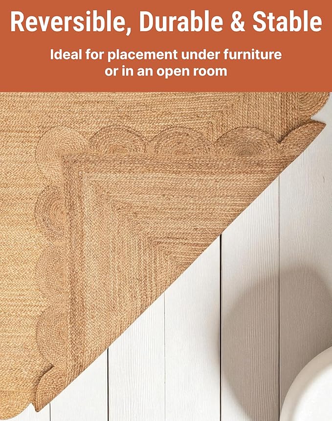 MDS 1 PC Handwoven Braided Jute Area Rug 2ft x 4ft Rectangle Scalloped Edge, 100% Natural Jute Rustic Farmhouse Reversible Accent Rug for Bedroom Living Room Hallway Entryway Office Kitchen (2' x 4')
