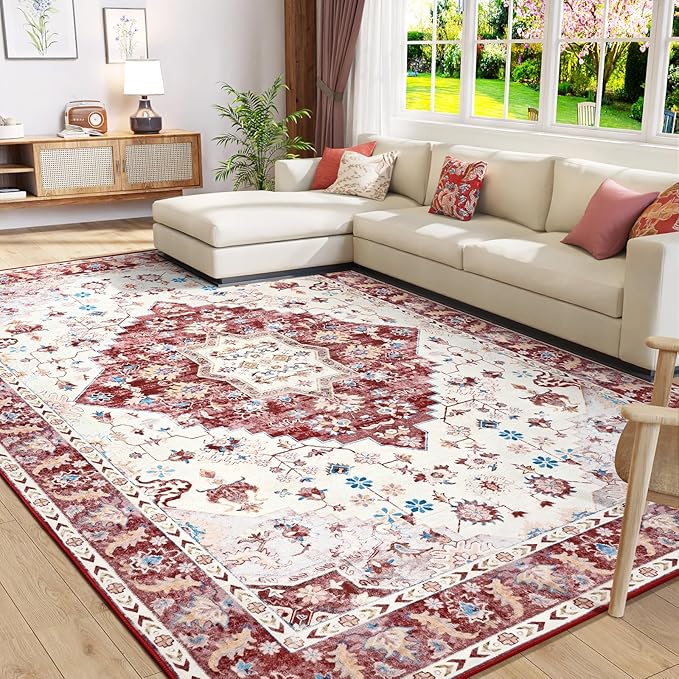 Amearea Vintage Design Area Rugs for Living Room, 5x8 Machine Washable Floral Collection Traditional Bedroom Rug, Low Pile Cute Kids Room Print Carpet, No Slip Office Kitchen Home Decor, Red