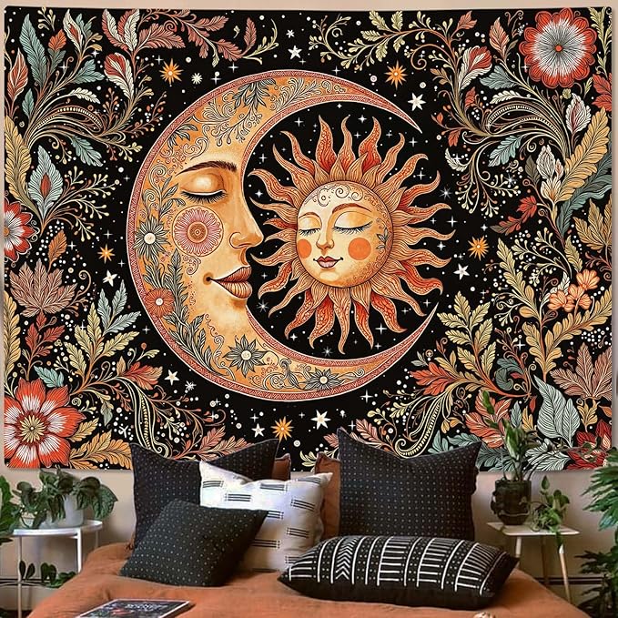 Accnicc Vintage Sun and Moon Tapestry Boho Hippie Floral Wall Tapestry for Bedroom Aesthetic Brown Celestial Spiritual Botanical Plant Large Tapestries Wall Hanging for Living Room Dorm 80 x 60 Inch