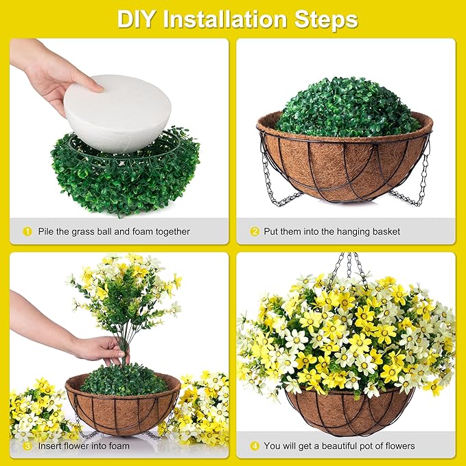 Artificial Flowers with Hanging Planter for Outdoor Decor, Faux Silk Daisy UV Resistant Plants in Basket for Indoor Porch Garden Yard Spring Summer Decor(Yellow)