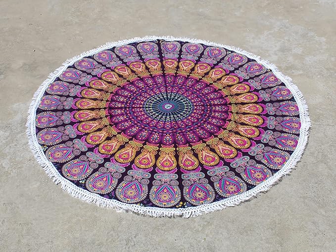 Round Beach Tapestry Turquoise Mandala Throw/Boho Hippie Beach Blanket Roundie/Indian Cotton Bohemian Large Round Table Cloth-Home Decor/Yoga Mat Meditation Picnic Rug (42", Pink And Yellow)