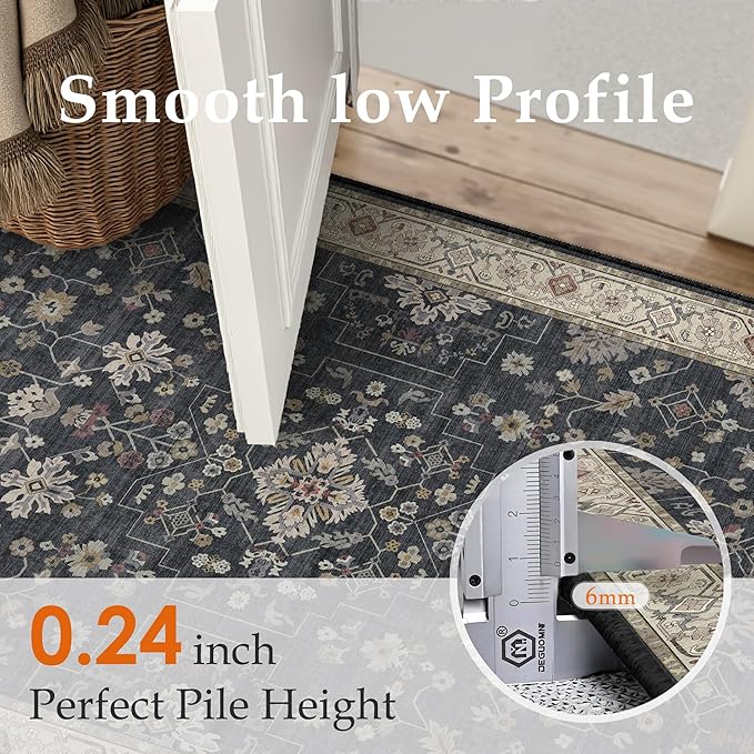 Black 2x6 Runner Rug Washable Hallway Vintage Carpet Small Indoor Kitchen Non Slip Low Pile Thin Soft Stain Resistant Accent Throw Rug for Laundry Bathroom Bedroom Living Room