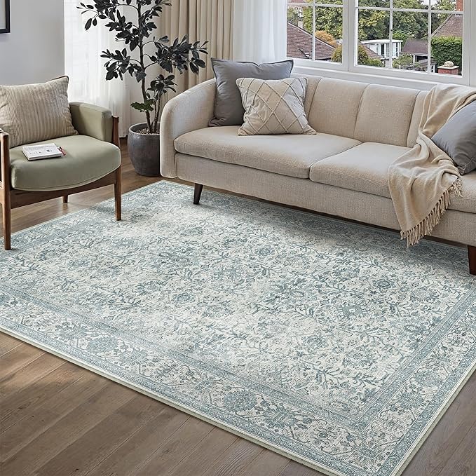 Area Rug 5x7 Blue Washable Living Room Carpet Soft Non Slip Vintage Bedroom Indoor Office Traditional Retro Distressed Throw Large Rug for Dining Room Bathroom Kitchen