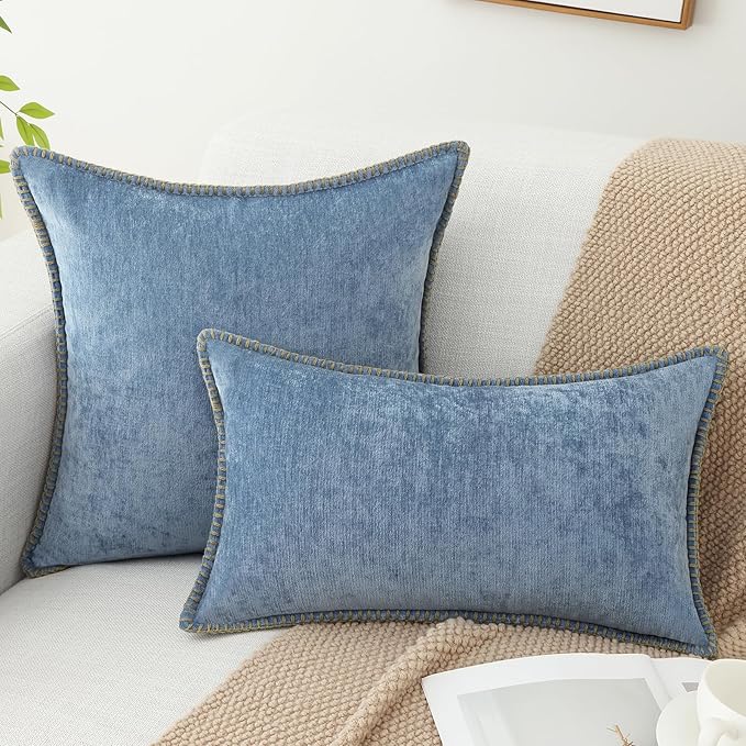 decorUhome Chenille Soft Cozy Throw Pillow Covers 12x20 Set of 2, Modern Farmhouse Boho Velvet Decorative Pillow Cases with Stitched Edge for Couch Sofa Bed Home Decor, Blue