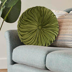 HIG Set of 2 Decorative Round Pleated Throw Pillows, Classy Accent Pumpkin Throw Pillows with Center Button, Vintage Velvet Floor Pillows for Sofa Couch Vanity Chair Bed, Olive, 14.5" Diameter(Ripple)