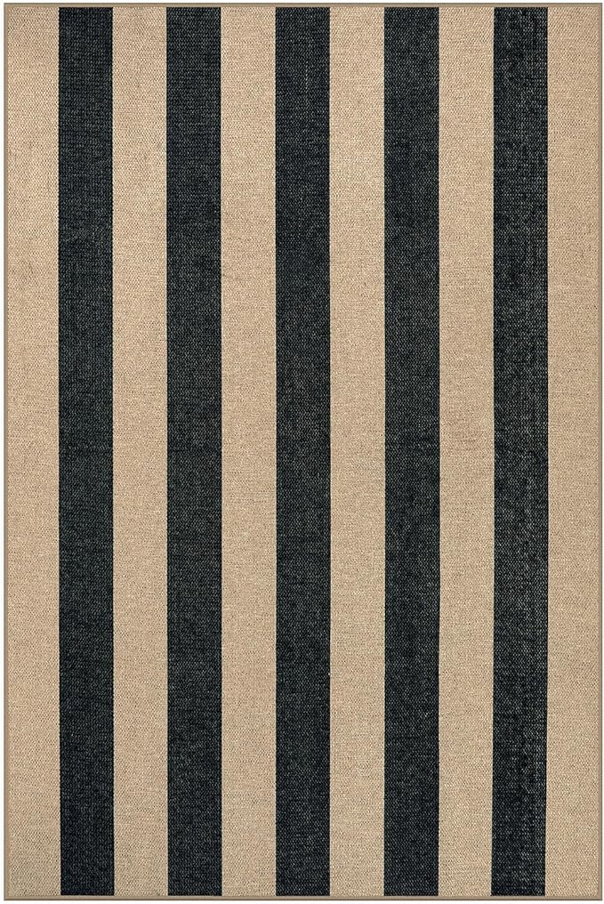 Lahome Elance Striped Easy Jute Dining Room Rug, 6x9 Indoor Outdoor Rugs for Patio Living Room, Farmhouse Neutral Non Slip Low Pile Black Carpet for Bedroom Office Backyard Classroom