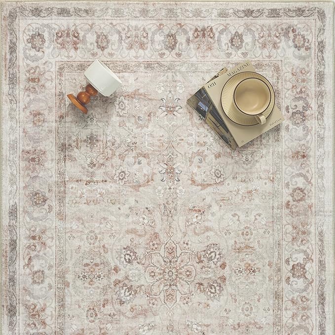 8x10 Area Rug Washable Living Room Vintage Beige Carpet Bedroom Large Indoor Non Slip Soft Low Pile Thin Stain Resistant Distressed Accent Throw Rug for Dining Office Nursery