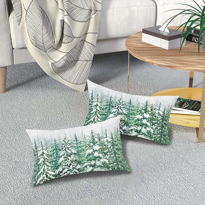 Kawani Green Pine Tree Lumbar Pillow Covers 12X20 Inch Winter Forest Snowflake Decorative Pillow Cases Set of 2 Christmas Holiday Throw Pillows for Cushion Sofa Couch Outdoor