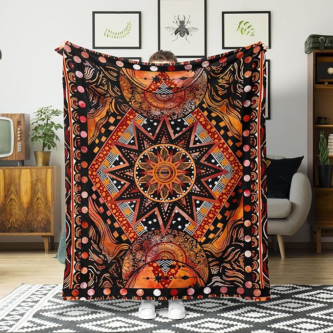 kampdream Orange Ceometric Art Throw Blanket, Hippie Abstract Sun and Moon Yellow Aesthetic Comforter Nap Throws for Couch Chair Bed Decor Comforter 68×90 inch