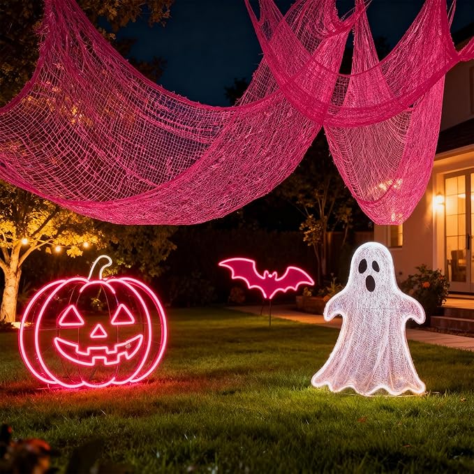 Set of 5 Pink Halloween Gauze Decor, Indoor Outdoor Pink Gauze Tapestry Decor, Halloween Spooky Decorations for Home Table Wall Yard Haunted House Party Supplies, 72 x 30 inch