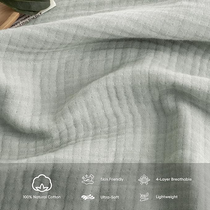 FOSSA Muslin Blanket with Fringe - 4-Layer 100% Cotton Gauze Super Soft & Breathable Throw -Lightweight Decorative Cooling Blanket for Bed, Sofa, Office (Sage Green, Throw XL (50" × 70"))
