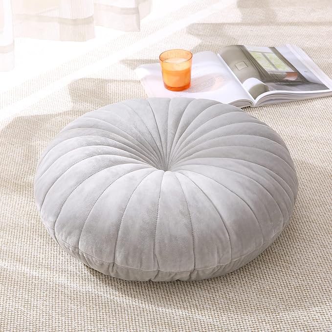 Floor Pillow Meditation Cushion Round Large Floor Pillows Seating for Adults, Velvet Thick Floor Cushions for Yoga Living Room Balcony Outdoor Tatami（Gray）