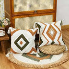 Boho Throw Pillow Covers 18x18 Inch Green Brown Tufted Square Pillow Case with Tassels, Bohemian Farmhouse Decorative Cushion Cover for Couch Bed Sofa Chair Bedroom Living Room Home Decor,X