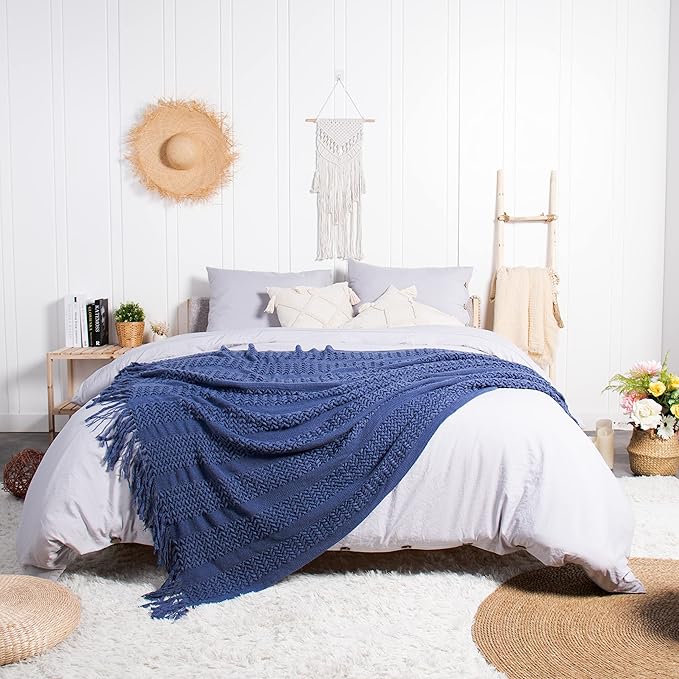 lifein Fall Throw Blanket for Couch - Soft Boho Knitted Farmhouse Bed Throws,Cozy Small Lightweight Blankets&Throws with Tassels for Autumn,Woman,Man,Home Decor,Bed,Chair,Sofa,Room,Gift(Blue,50*60")