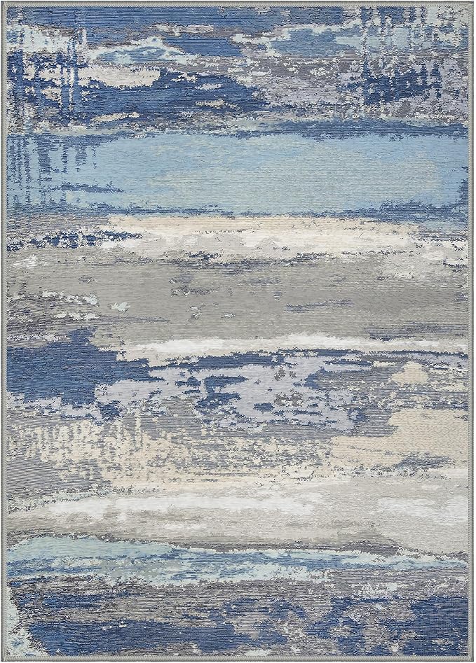 GENIMO 5X7 Washable Modern Area Rugs for Living Room, Non-Slip Low Pile Chenille Print Rug, Soft Rugs for Bedroom Dining Room Home Office, Indigo Drift