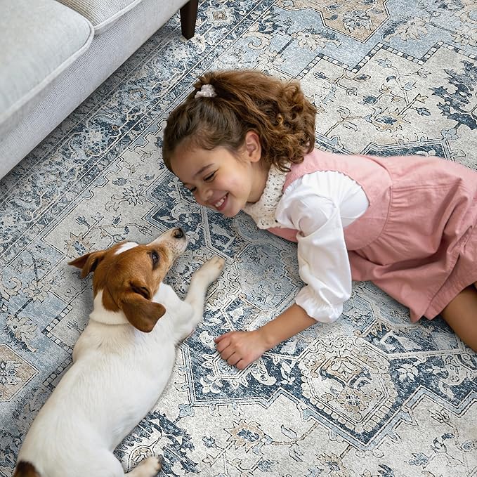 GENIMO Runner Rug 2x12, Non Slip Vintage Hallway Runner Rugs, Low Pile Lightweight Machine Washable Mat for Hallway, Entryway, Bedroom, Kitchen and Corridor, Blue