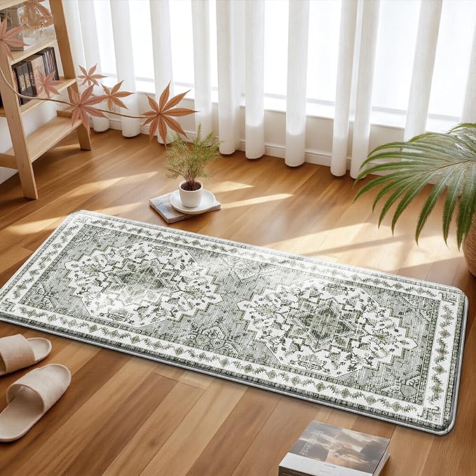 Boho Kitchen Mats for Floor 2 Piece Set Anti Fatigue Cushioned PVC Kitchen Rugs Non Slip Waterproof Farmhouse Mats 2/5 Inch Comfort Standing Mat for Laundry, 17.3"x47"+17.3"x28", Green-Tinted Grey