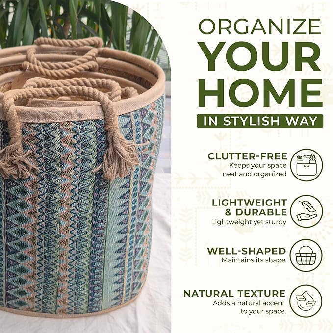 Set of 3 Handwoven Sedge Grass Baskets with Turquoise Brocade Cover – Decorative Woven Storage Baskets for Laundry, Toys & Blankets – Natural Wicker Hampers for Home & Bedroom Decor