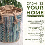 Set of 3 Handwoven Sedge Grass Baskets with Turquoise Brocade Cover – Decorative Woven Storage Baskets for Laundry, Toys & Blankets – Natural Wicker Hampers for Home & Bedroom Decor