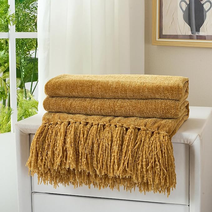 Chenille Throw Blanket for Couch with Tassels,60"X80" Soft Cozy Lightweight Knitted Boho Decorative Blankets for Bed and Sofa,Yellow