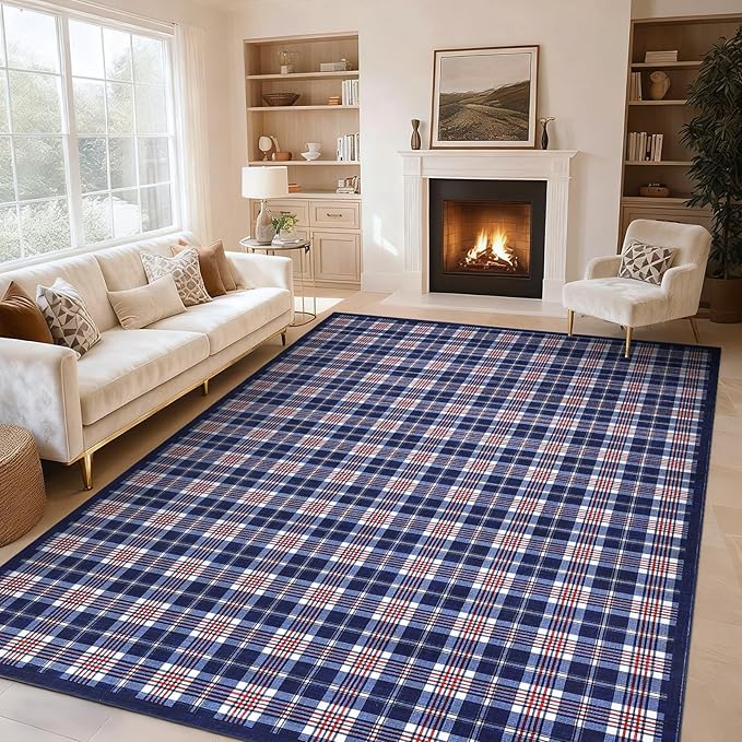 GarveeHome Machine Washable Area Rugs 8x10, Checkered Stain Resistant Non Slip Backing Low-Pile Rug Indoor Outdoor Carpet for Living Room Office Bedroom Dining Room Nursery Blue